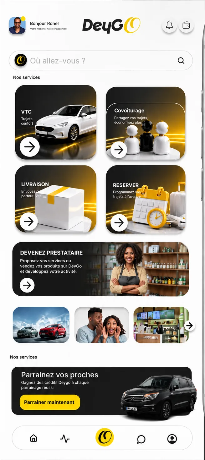 Écran d'accueil de l'application DeyGo : barre de recherche « Où allez-vous ? » et accès aux services Course, Covoiturage, Livraison et Réserver